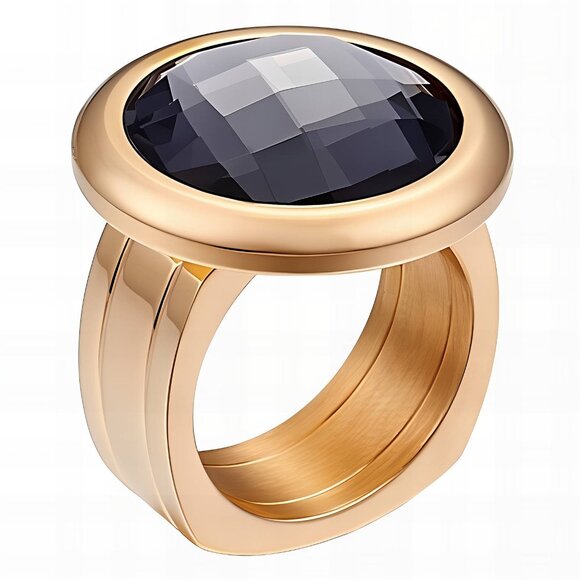 18K Gold Plated Stainless Steel Ring | Smokey CZ Stone | Size 6 - Picture 1 of 7